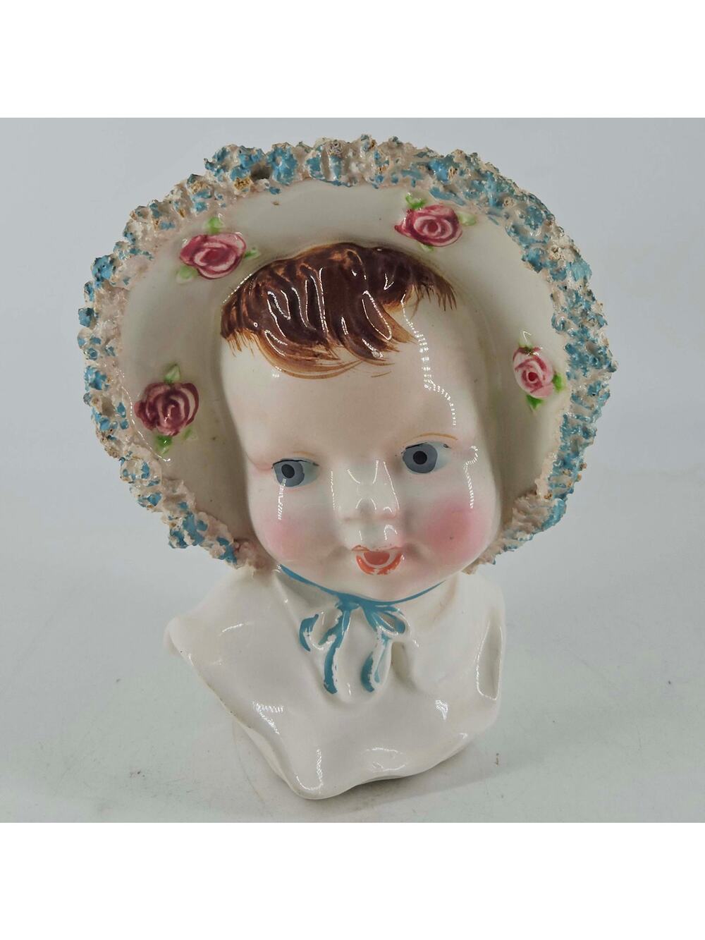 Vintage ceramic baby head vase ruffled bonnet Floral Planter